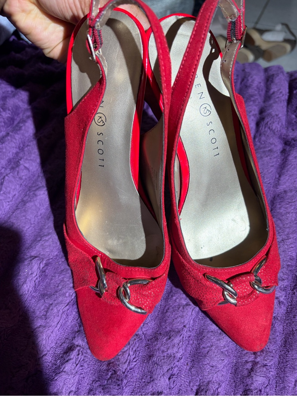 Scott Red Suede Pointed Toe Slingback Heels with Silver Buckle